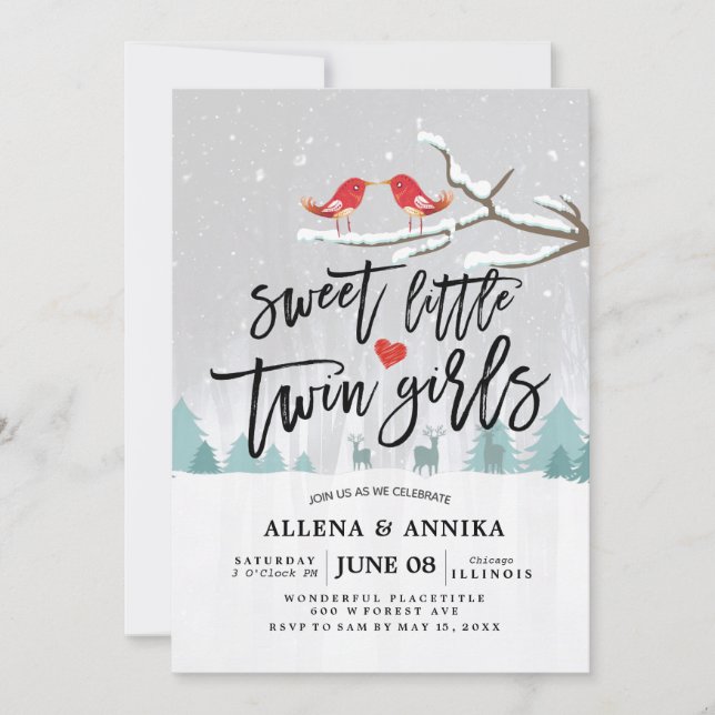 Winter Snow Baby Shower Sweet Little Twin Girls Invitation (Front)