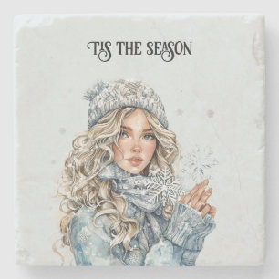 Winter Snow Blond Hair Girl Snowflakes Christmas Stone Coaster