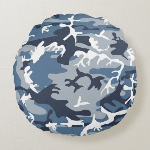 Winter Snow Blue Camouflage, Military, Army Round Cushion