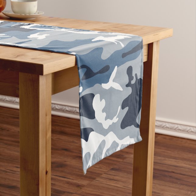 Winter Snow Blue Camouflage, Military, Army Short Table Runner (In Situ)