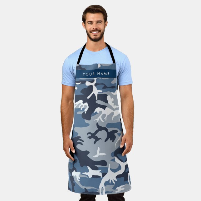 Winter Snow Blue Camouflage Your name Personalise Apron (Worn)
