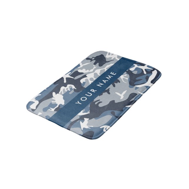 Winter Snow Blue Camouflage Your name Personalise Bath Mat (Angled)
