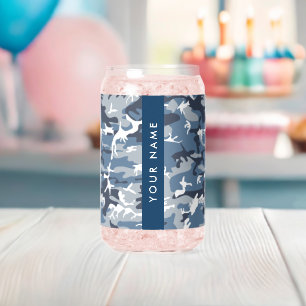 Winter Snow Blue Camouflage Your name Personalise Can Glass