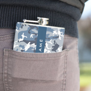 Winter Snow Blue Camouflage Your name Personalise Hip Flask