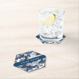 Winter Snow Blue Camouflage Your name Personalise Paper Coaster
