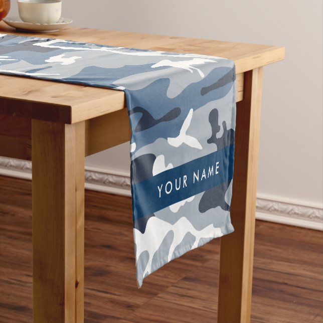 Winter Snow Blue Camouflage Your name Personalise Short Table Runner (In Situ)