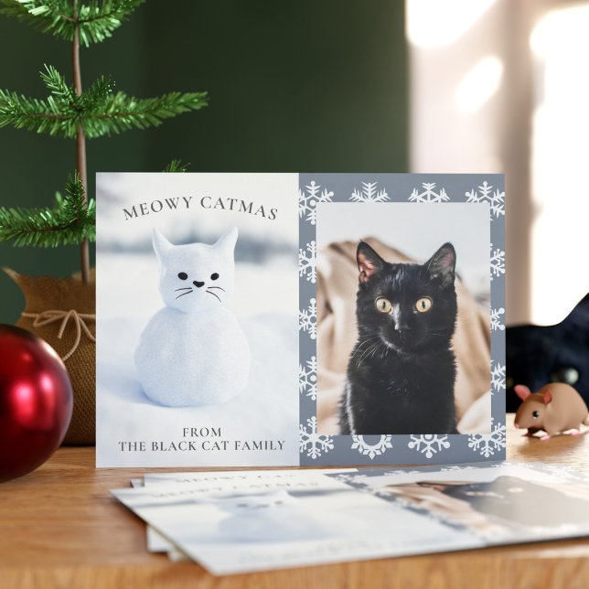Winter Snow Cat Christmas Pet Photo Holiday Card (Just upload your best friend's photo and send. Meowy Catmas from my black cat to yours. )
