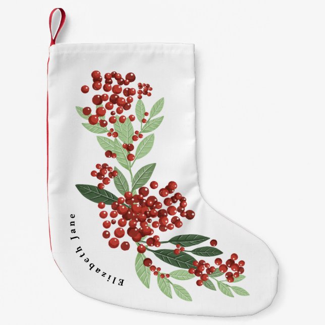 Winter Snow Christmas Botanical Berries Custom  Small Christmas Stocking (Front)
