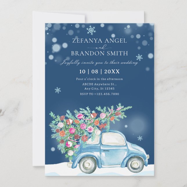 Winter snow Christmas car wedding Invitation (Front)