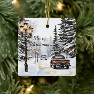 Winter Snow Christmas Trees Cars Ceramic Ornament