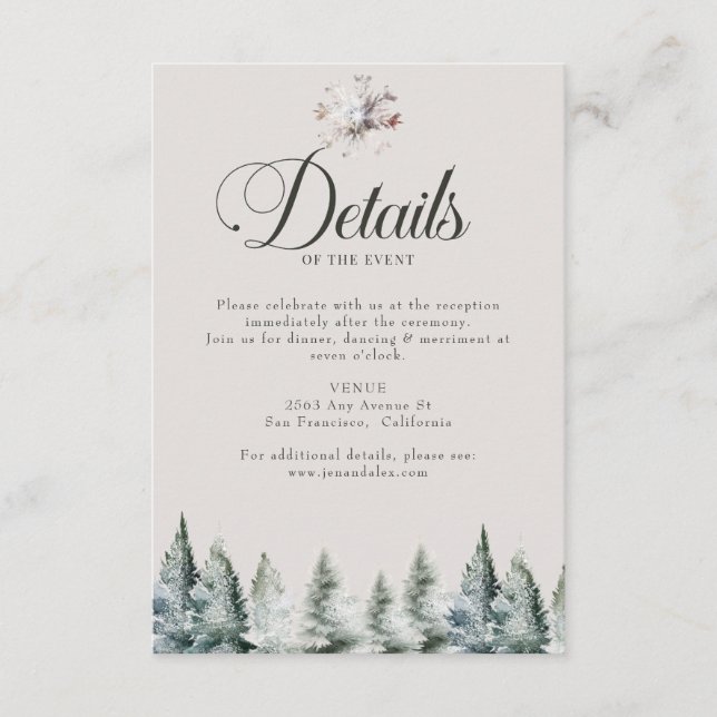 Winter Snow Christmas Wedding Details Enclosure Card (Front)