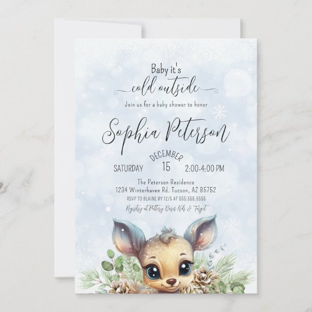 Winter Snow Cold Outside Blue Baby Shower Deer Invitation (Front)