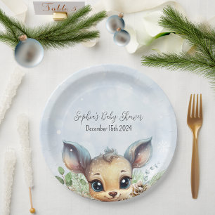 Winter Snow Cold Outside Blue Baby Shower Deer Paper Plate