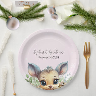 Winter Snow Cold Outside Pink Baby Shower Deer Paper Plate