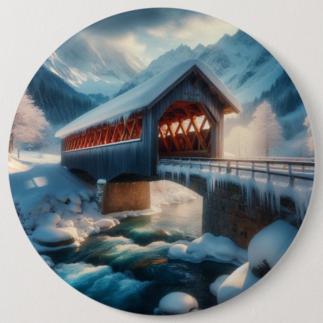 Winter, snow covered bridge & river 6 cm round badge (Front)