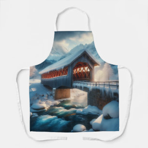 Winter, snow covered bridge & river apron