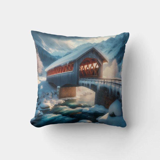 Winter, snow covered bridge & river cushion (Front)