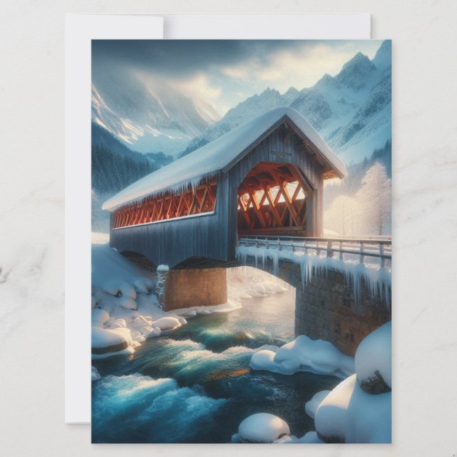 Winter, snow covered bridge & river holiday card (Front)