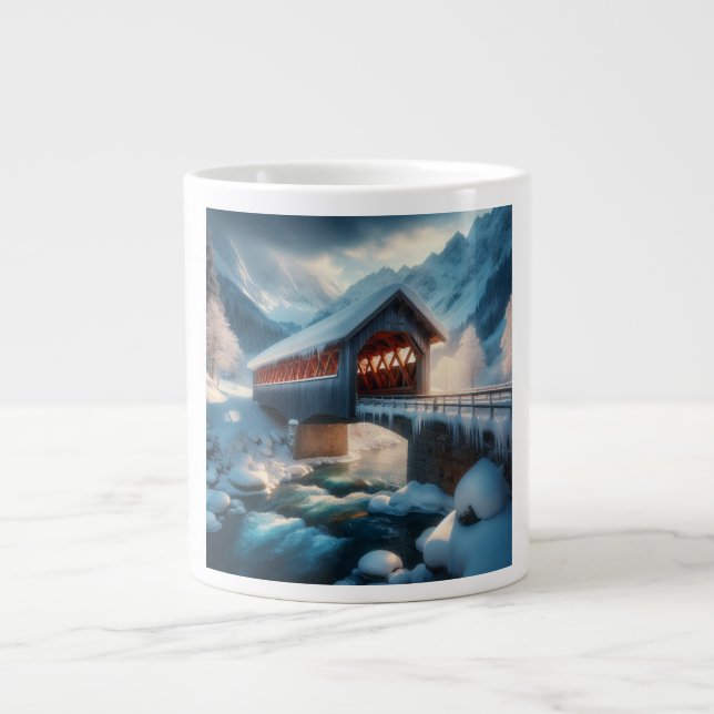 Winter, snow covered bridge & river large coffee mug (Front)