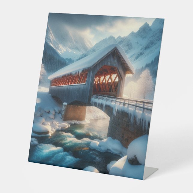 Winter, snow covered bridge & river pedestal sign (Front)