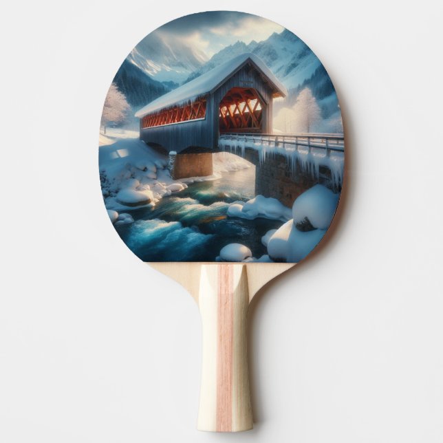 Winter, snow covered bridge & river ping pong paddle (Front)
