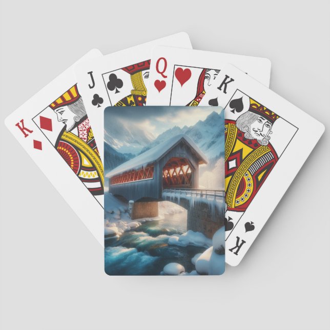 Winter, snow covered bridge & river playing cards (Back)