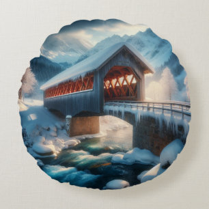 Winter, snow covered bridge & river round cushion