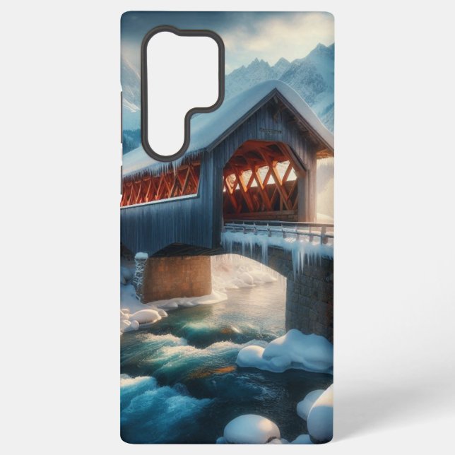 Winter, snow covered bridge & river samsung galaxy s22 ultra case (Back)