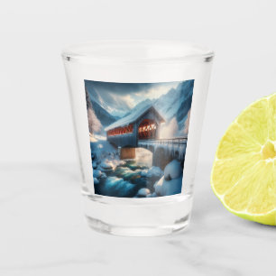 Winter, snow covered bridge & river shot glass