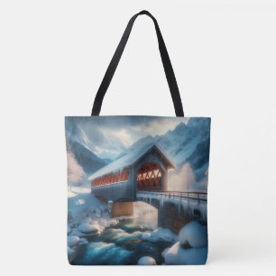 Winter, snow covered bridge & river tote bag