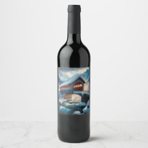 Winter, snow covered bridge & river wine label