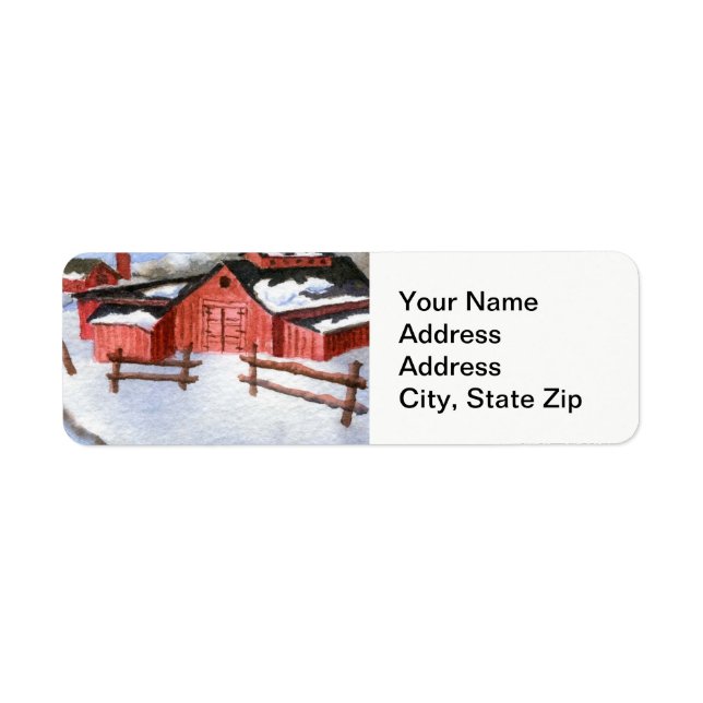 Winter snow covered red barn, farm shed landscape. (Front)