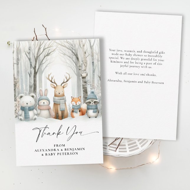 Winter Snow Cute Woodland Animals Coed Baby Shower Thank You Card (winter baby shower thank you card winter wonderland frozen snow white woodland animals cute)