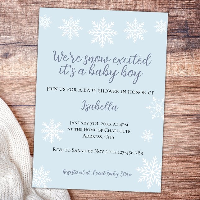 Winter Snow Excited Baby Boy Shower Invitation (snow excited winter baby boy shower invitation)