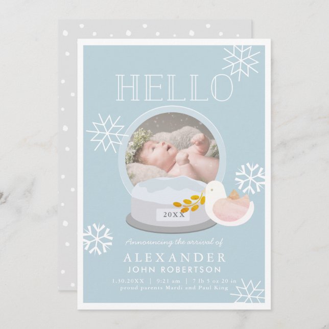 Winter Snow Globe Blue Boy Birth Announcement (Front/Back)