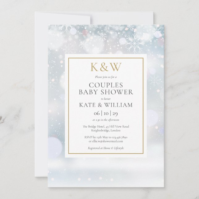 Winter Snow Gold Monogram Couples Baby Shower Invitation (Front)