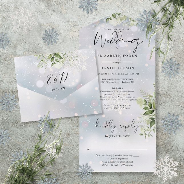 Winter Snow Greenery Floral Details RSVP Wedding All In One Invitation (Winter Snow Greenery Floral Details RSVP Wedding All In One Invitation)