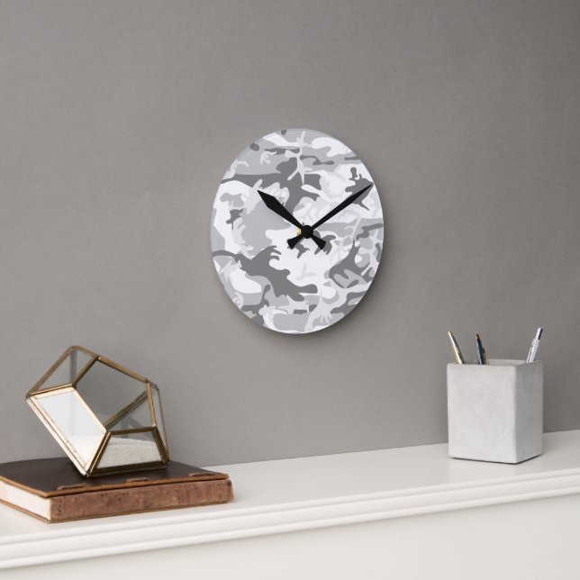 Winter Snow Grey Camouflage, Military, Army Round Clock (Office)