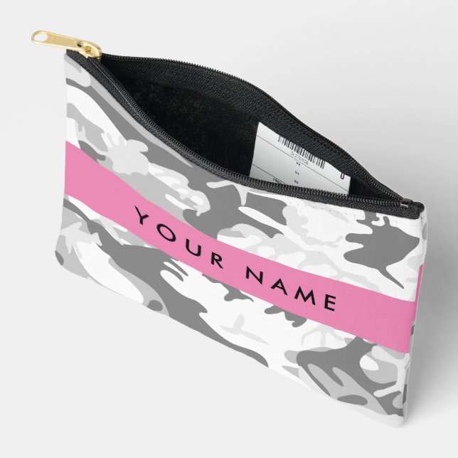 Winter Snow Grey Camouflage Your name Personalise Accessory Pouch (Open)