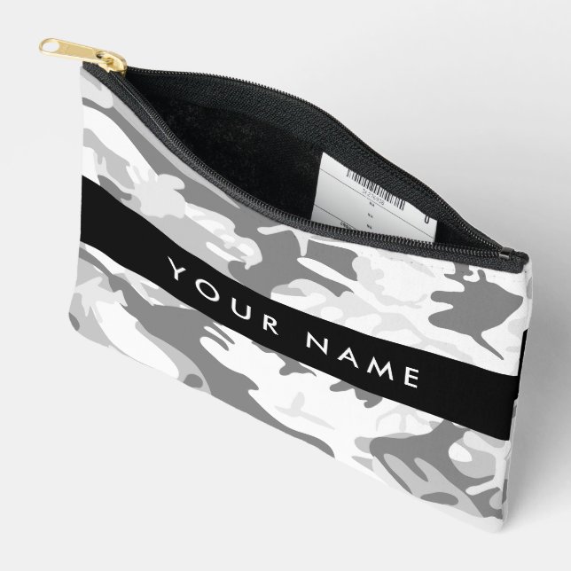 Winter Snow Grey Camouflage Your name Personalise Accessory Pouch (Open)