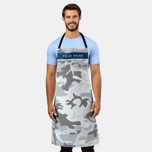 Winter Snow Grey Camouflage Your name Personalise Apron (Worn)