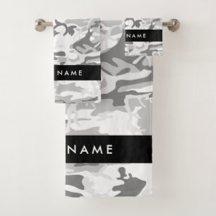 Winter Snow Grey Camouflage Your name Personalise Bath Towel Set