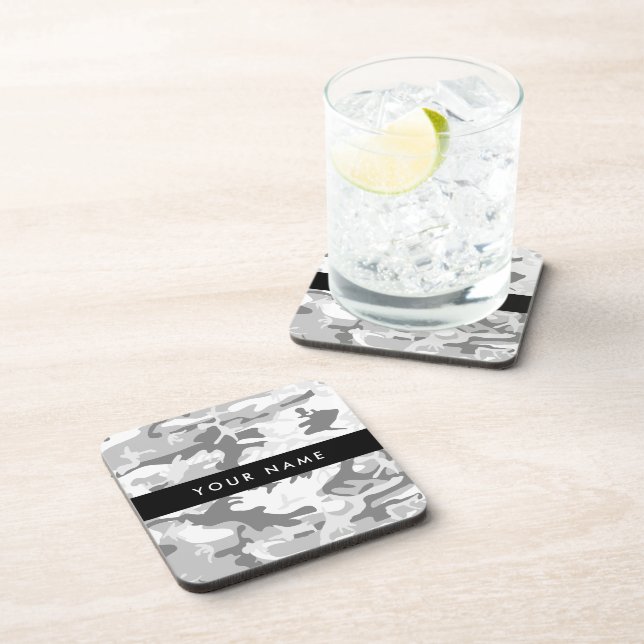 Winter Snow Grey Camouflage Your name Personalise Coaster (Right Side)