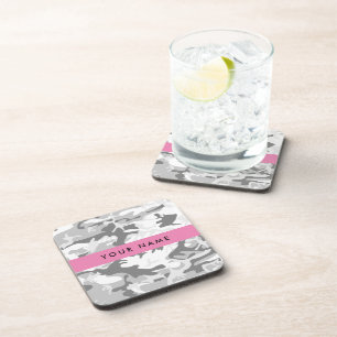 Winter Snow Grey Camouflage Your name Personalise Coaster