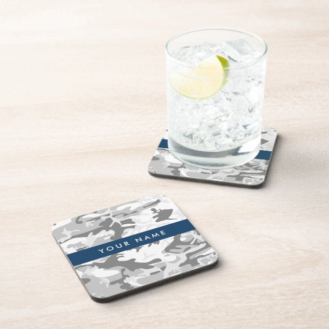 Winter Snow Grey Camouflage Your name Personalise Coaster (Right Side)
