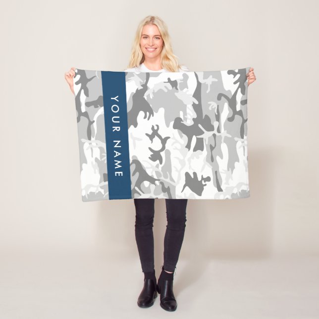 Winter Snow Grey Camouflage Your name Personalise Fleece Blanket (In Situ)