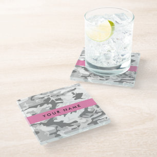 Winter Snow Grey Camouflage Your name Personalise Glass Coaster