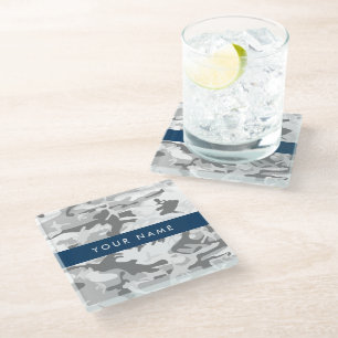 Winter Snow Grey Camouflage Your name Personalise Glass Coaster