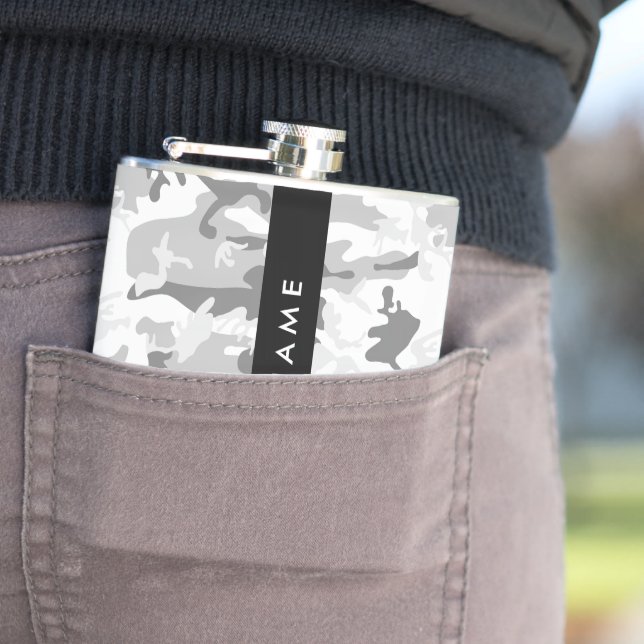 Winter Snow Grey Camouflage Your name Personalise Hip Flask (In Situ)