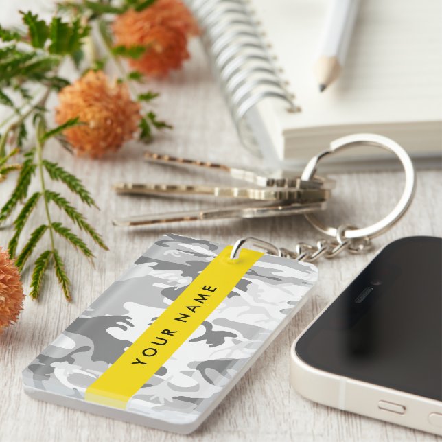 Winter Snow Grey Camouflage Your name Personalise Key Ring (Front Right)
